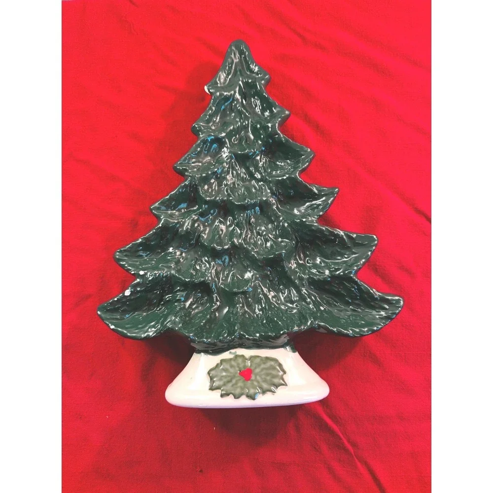 Vintage Ceramic Christmas Tree Serving Platter Green Holiday Dish Holly Base